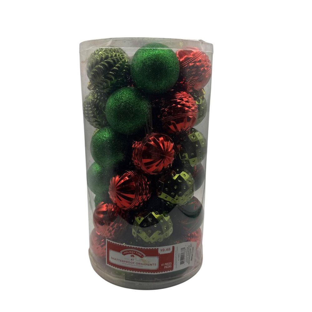 Shatterproof Red & Green Christmas Ornaments Set In Clear Cylindrical Container